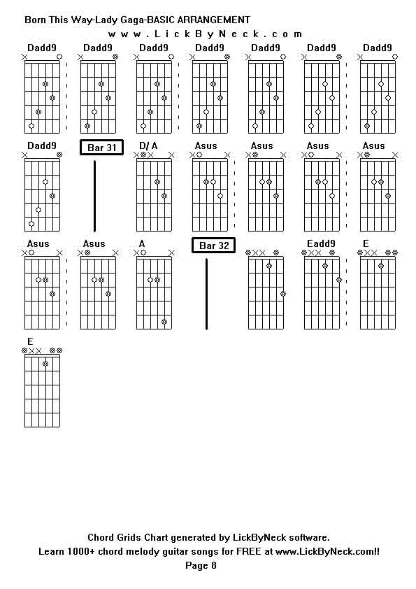 Chord Grids Chart of chord melody fingerstyle guitar song-Born This Way-Lady Gaga-BASIC ARRANGEMENT,generated by LickByNeck software.